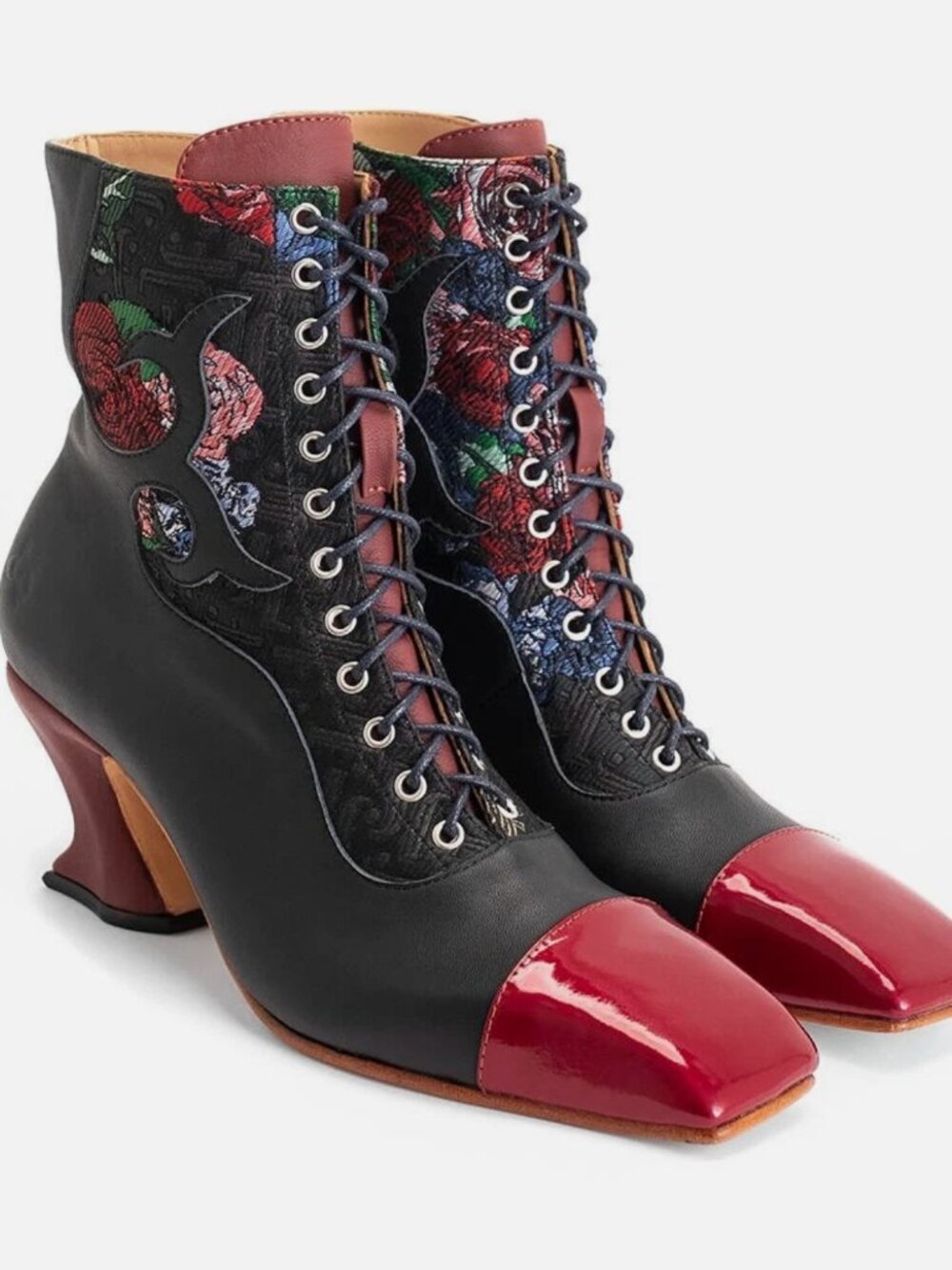 John Fluevog Black Lace-Up Ankle Boot with Red Patent Toe and Brown Heel